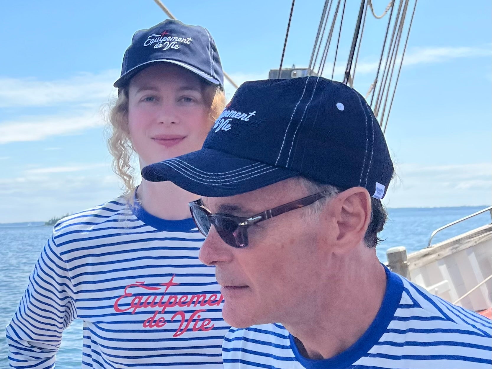 Contrast Stitch Cap in Navy worn on deck with Équipement De Vie striped tops