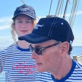 Contrast Stitch Cap in Navy worn on deck with Équipement De Vie striped tops