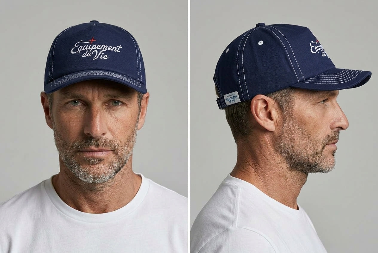 Contrast Stitch Cap in Navy worn by a model – front and side view