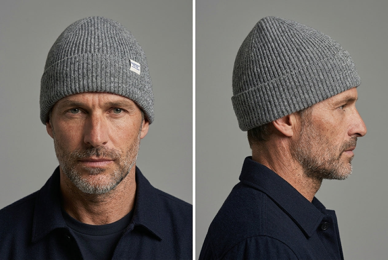 Lambswool Beanie in Grey worn by a model – front and side view