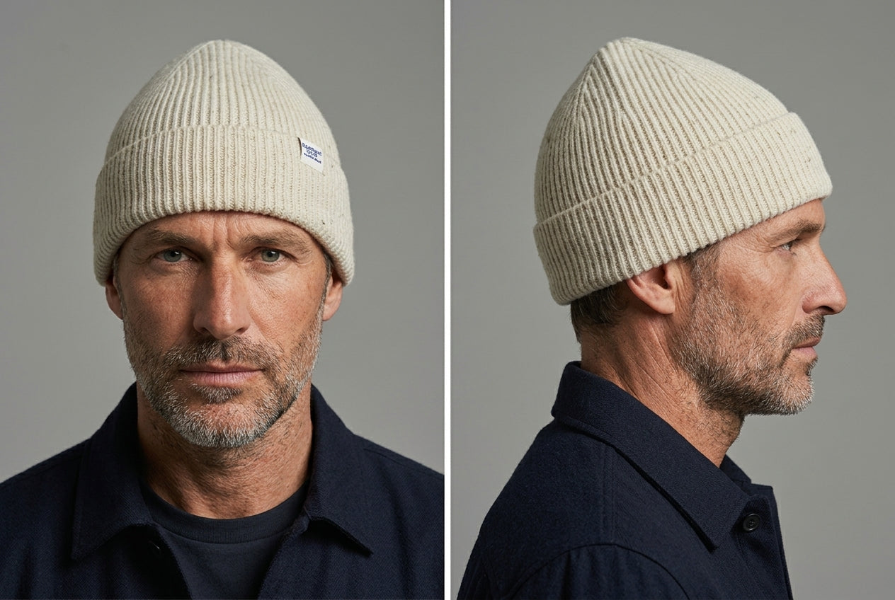 Lambswool Beanie in Off White worn by a model – front and side view