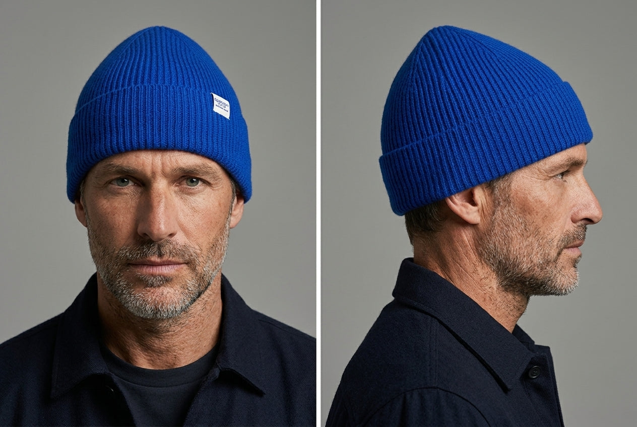 Lambswool Beanie in Royal Blue worn by a model – front and side view