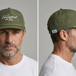 Nylon Five Panel Cap in Olive worn by a model – front and side view