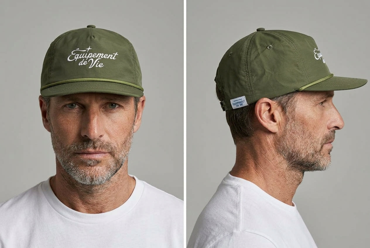 Nylon Five Panel Cap in Olive worn by a model – front and side view