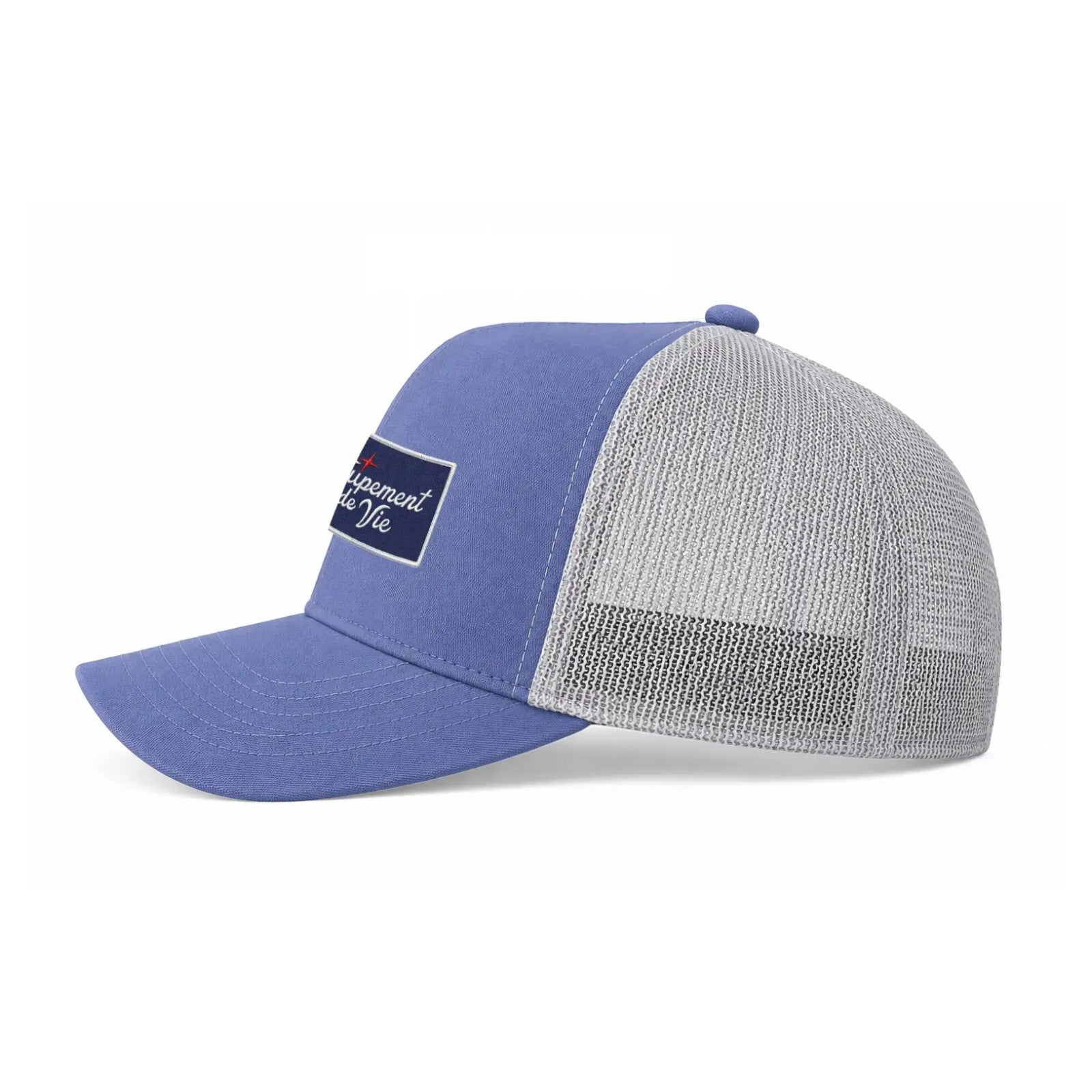 Trucker Cap in Dust Blue and Grey, side view showing mesh back