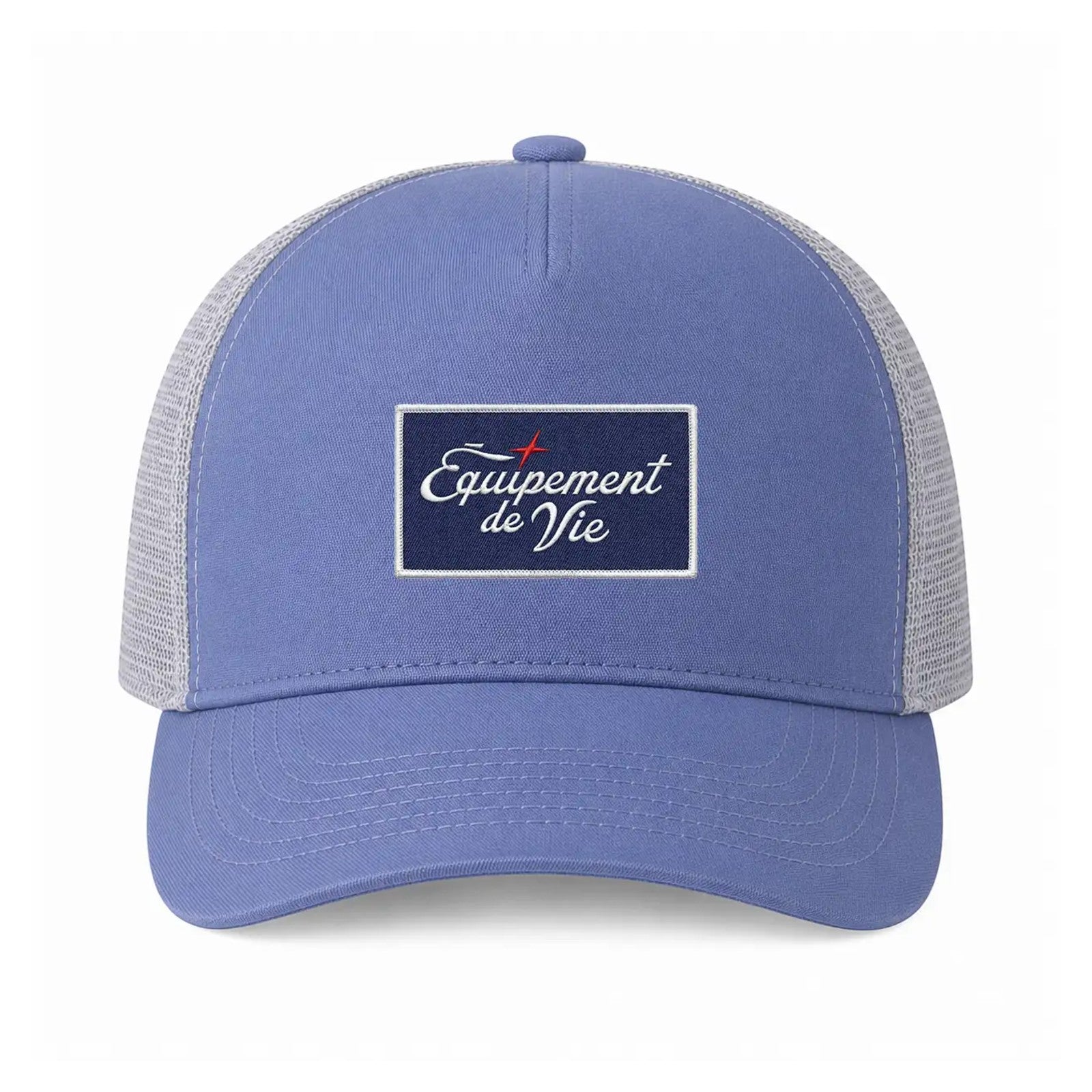 Trucker Cap in Dust Blue and Grey with woven Équipement De Vie patch